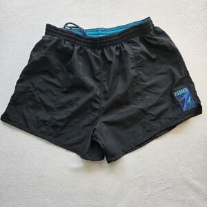 VTG 90s Speedo Nylon Swim Trunks Shorts Men's Large L Black Teal Blue Mesh Liner